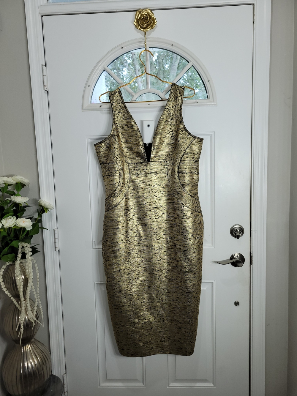 Gold Bandage Plunge Neck Midi Dress Size 2X